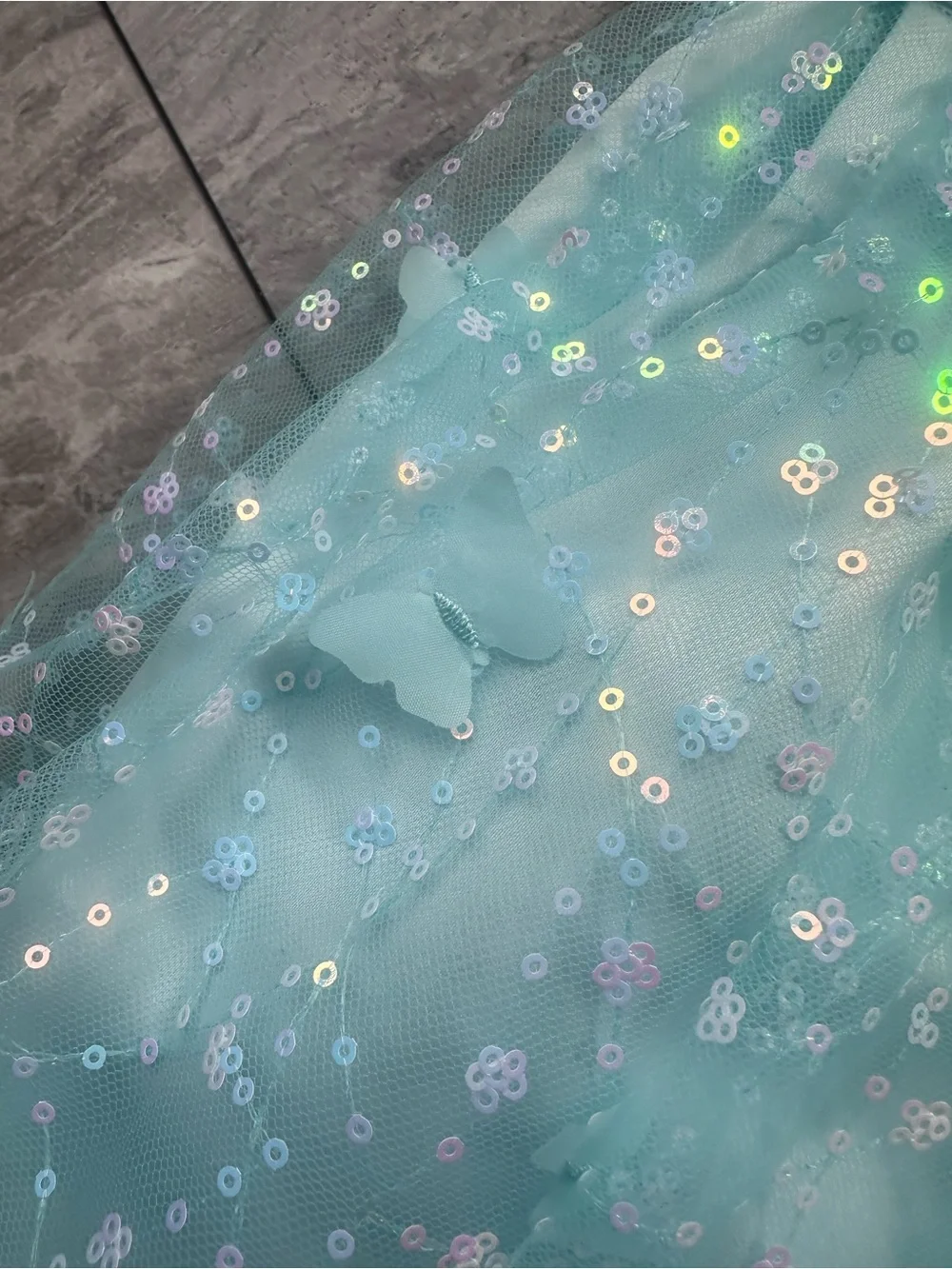 Light Aqua Sequin Butterfly Tulle Dress Size 7